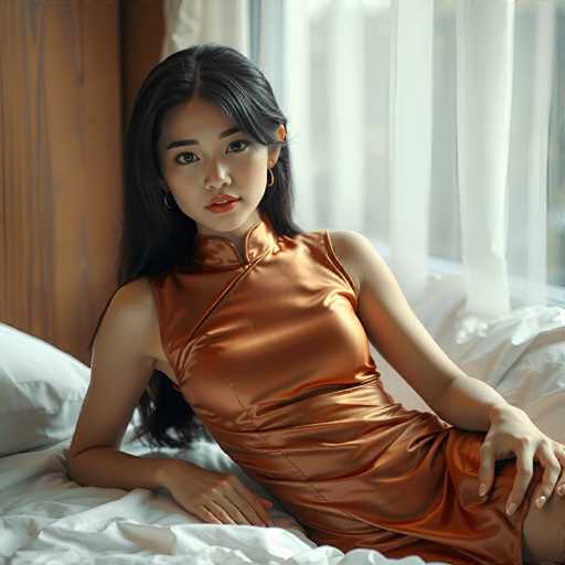 A young Asian woman is seated on a bed, leaning against a wooden headboard. She is wearing a sleeveless, silky dress in a rich copper color. Her long black hair cascades down her back, and she has striking black eyebrows. She is adorned with gold hoop earrings and wears red lipstick. The bed is covered with white sheets and pillows, and a window with sheer white curtains can be seen in the background. Her left hand rests on her leg, while her right hand is placed on the bed. The overall scene exudes a sense of elegance and tranquility.
