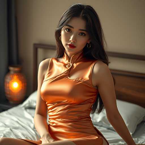 In this AI-generated image, a young Asian woman is depicted sitting on a bed. She has long, dark brown hair and is wearing a sleeveless, shiny orange dress that appears to be made of silk. The dress features a high collar with a small button at the neckline. Her makeup is striking, with red lipstick and dark eyebrows, and she is adorned with gold hoop earrings. The woman's expression is neutral, and she gazes directly at the camera. 

The bed she sits on has a wooden headboard and is covered with white sheets and pillows. To her left, there is a nightstand with a lamp that has a glowing yellow light, adding a warm ambiance to the scene. The background wall is a beige color, and a dark gray curtain is visible on the left side of the image. The overall composition of the image is somewhat blurry, enhancing the dreamy and surreal quality of the scene.