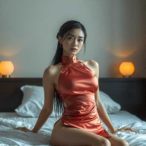 In this captivating photograph, a young Asian woman is elegantly posed on a bed, exuding confidence and grace. She is wearing a striking, shiny red dress that accentuates her figure, with the fabric artistically draped to cover her right shoulder while leaving her left shoulder bare. The dress features a high collar that sits just below her neck, adding a touch of sophistication to her ensemble. Her long, dark hair cascades down her back, with a few strands delicately framing her face, enhancing her natural beauty. She accessorizes with delicate gold hoop earrings that glint subtly under the soft light. Her makeup is minimal yet enhancing, with a touch of red lipstick that complements her serene expression. She gazes directly into the camera, her eyes holding a mixture of calm and contemplation. The bed she sits on is adorned with pristine white sheets and pillows, set against a dark brown headboard. The backdrop is a simple, unadorned white wall, which serves to further highlight the subject's striking presence. On either side of the headboard, two small, glowing lamps with a soft yellow light add a warm and inviting ambiance to the scene.