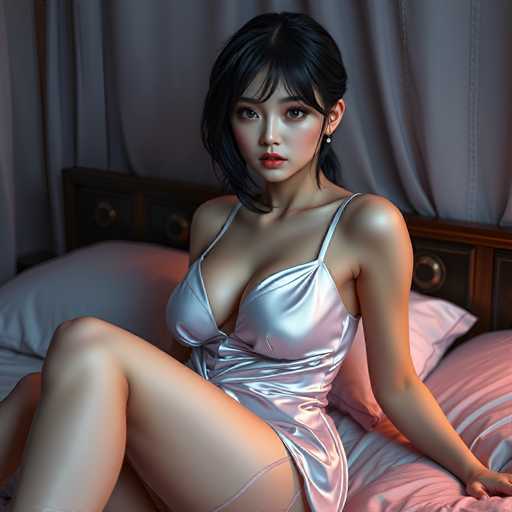 In this AI-generated image, a young Asian woman is depicted sitting on a bed. She has short black hair and is wearing a shiny, silver-colored nightgown that accentuates her figure. The nightgown features thin straps over her shoulders and a low neckline, revealing a significant portion of her chest. Her left leg is bent at the knee, with her foot resting on the bed, while her right leg is extended straight down. The bed is adorned with a pink blanket and matching pink pillows, creating a soft, inviting atmosphere. Behind her, a gray curtain hangs, adding a subtle backdrop to the scene. The woman's expression is neutral, and she gazes directly at the viewer, her face framed by her short hair.