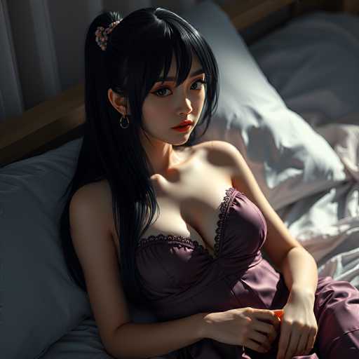 This AI-generated image depicts a young Asian woman with long black hair, styled in a ponytail with bangs. She is wearing a purple nightgown and is seated on a bed adorned with white pillows and sheets. The woman has striking red lips and is gazing directly at the viewer. Her right hand is positioned in front of her, while her left hand rests on her right wrist. The background features a white wall, and the bed has a brown headboard. The overall composition of the image is square, and the woman's head is slightly tilted to the right.