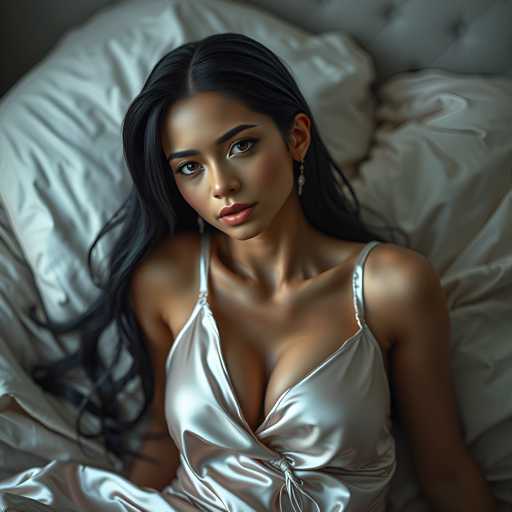A woman with long dark hair is sitting on a bed with white sheets and pillows. She is wearing a silver strapless dress that has a bow at the bottom. The background of the image is blurred, but it appears to be a room or bedroom setting.