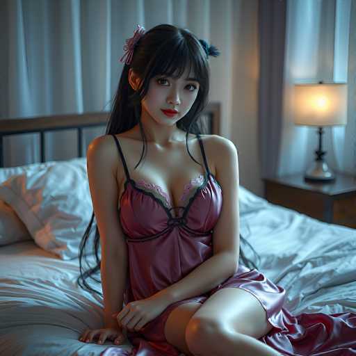 In this AI-generated image, a young Asian woman is depicted sitting on a bed, gazing directly at the viewer. She is dressed in a silky, purple nightgown that features thin straps and a lace-trimmed bust. The nightgown has a tie at the center, adding to its delicate design. Her long black hair cascades down her back, adorned with a pink bow on the left side and a blue bow on the right. Her bangs are neatly styled, and her lips are painted a striking red. The woman's right hand is positioned on the bed, while her left hand rests on her right thigh. The bed she sits on is covered with a white sheet and a white pillow, and it has a brown headboard. To the right of the bed, a nightstand holds a lamp with a silver base and a white lampshade, casting a soft light over the scene. The background features a white wall and a white curtain, completing the serene and intimate setting.