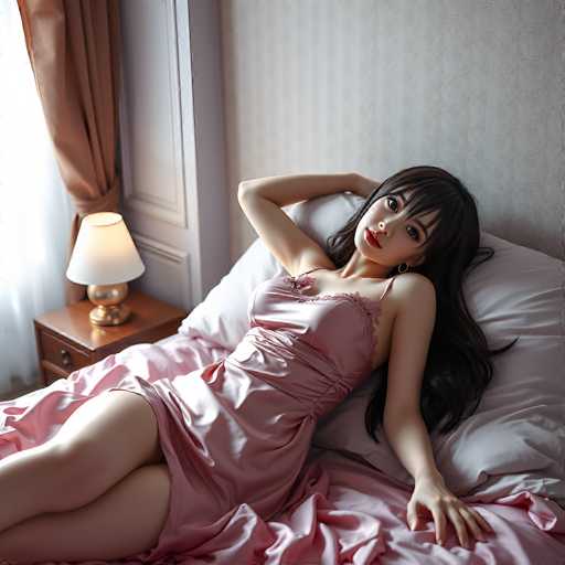 A young woman with long black hair and bangs is lying on a bed, propped up on one arm. She is wearing a silky pink nightgown and has her other arm resting on the bed. The bed is adorned with a white comforter and a white pillow. To her left, there is a wooden nightstand with a small drawer, topped with a lamp that has a white shade and a gold base. The wall behind her is painted white, and to the left of the bed, a window with a sheer white curtain and a brown drape allows light to filter into the room. The overall scene exudes a sense of calm and tranquility.