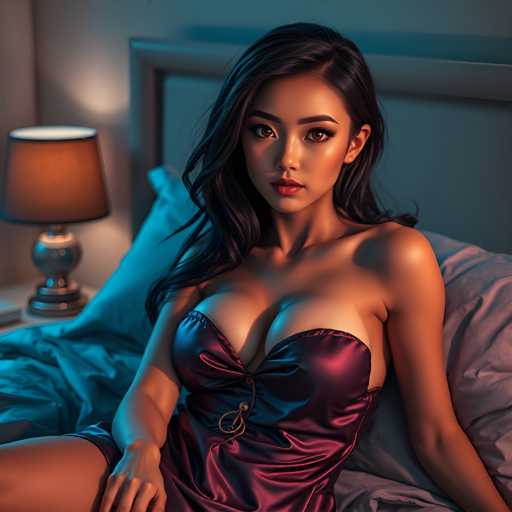 The image depicts a young woman of Asian descent with long, dark hair, sitting on a bed in a bedroom. She is wearing a shiny, purple nightgown that accentuates her large breasts. The nightgown features a string tied in a bow at the top. The bed is unmade, with a grayish-pink sheet and a pillow behind her. To her left, there is a nightstand with a lamp that has a brown shade and a silver base. The room is dimly lit, with the lamp providing the primary light source, casting a soft glow on the white walls. The overall scene has a slightly surreal quality, suggesting it might be AI-generated.