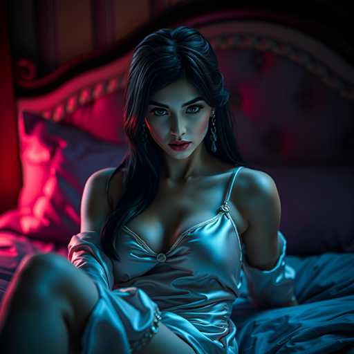 A woman with long dark hair is sitting on a bed wearing a silver strapless dress and earrings. The room has pink walls and a purple headboard, creating an intimate atmosphere.