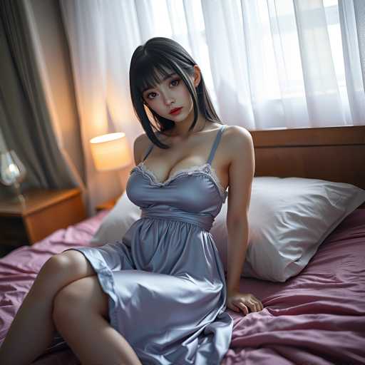 A young woman is sitting on a bed with her legs crossed and wearing a blue dress that reaches down to her knees. She has long dark hair and is looking directly at the camera. The room features pink walls and a window with white curtains, creating a warm and inviting atmosphere.