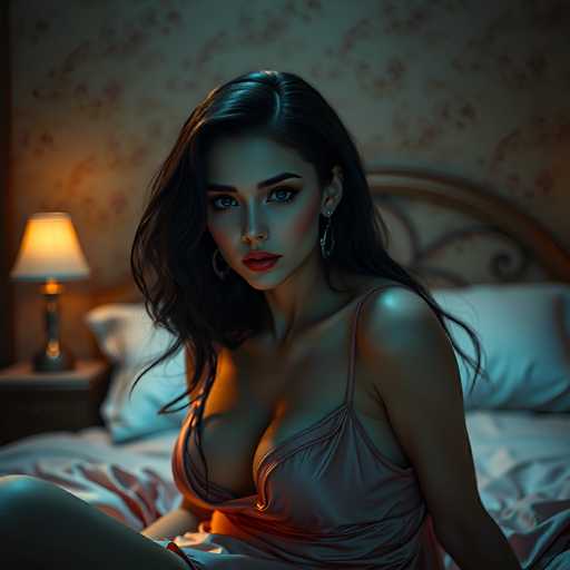 The image depicts a woman with long, dark hair and striking blue eyes, sitting on a bed in a dimly lit bedroom. She is wearing a silky, light purple nightgown that accentuates her cleavage. Her makeup is meticulously applied, featuring red lipstick and dark eyebrows. She accessorizes with large hoop earrings. The bed she sits on has a wooden headboard and is adorned with white pillows and sheets. To her left, there is a nightstand with a lamp that casts a warm glow, adding to the intimate atmosphere of the scene. The wallpaper behind her features a floral pattern, enhancing the cozy and serene ambiance of the room.