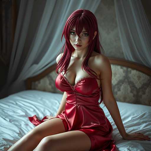 In this AI-generated image, a woman with long, reddish-brown hair is depicted sitting on a bed. She is wearing a red dress that appears to be made of silk, and her hair cascades down to her chest. The woman has a fair complexion and is looking directly at the viewer. Her left hand is placed on the bed, while her right hand rests on her lap. The bed is covered with a white sheet, and the headboard features a brown frame with a white and brown floral pattern. Behind the headboard, white curtains are drawn open, revealing a gray wall. The woman's left ear is visible, and her hair is styled with bangs that partially cover her forehead.