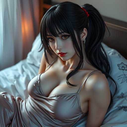 The image shows a woman with long dark hair wearing a strapless dress and red lipstick. She is lying on her stomach on a bed with white sheets and a floral patterned pillow. The background appears to be a bedroom setting, but the specific details are not visible in the image description provided.