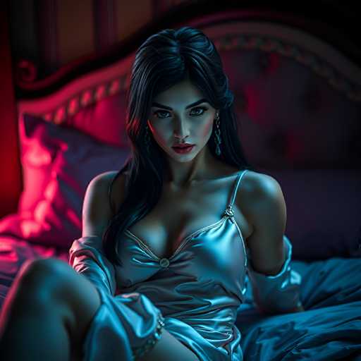 The image depicts a woman with long, dark hair cascading down to her chest, sitting on a bed. She is wearing a shiny, silver nightgown with thin straps and long sleeves that extend to her wrists. Her makeup is striking, featuring bold red lipstick and dark eyebrows. She accessorizes with long, dangling earrings. The bed she sits on has a large, ornate headboard with a curved top and is adorned with a mix of pink and blue pillows. The bedspread is a dark blue color. The room is dimly lit, with a red light source coming from the left side, casting a pinkish hue on the pillows and creating a shadowy atmosphere. The woman is looking directly at the camera, her expression serious, with her legs slightly raised.