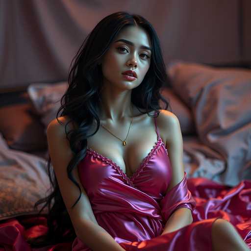 A woman with long dark hair is sitting on a bed wearing a pink dress and gold necklace. The bed has white sheets and pillows against a purple wall backdrop.
