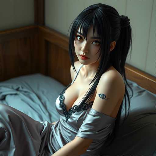This image portrays a young Asian woman, likely in her late teens or early twenties, seated on a bed. She is dressed in a silky gray nightgown that features a black lace top and a single shoulder strap. Her long, straight black hair is styled in a ponytail, with bangs framing her face. She has striking brown eyes and wears red lipstick. A distinctive tattoo of a blue eye adorns her left shoulder. The bed she sits on is covered with a gray sheet, and the headboard is made of brown wood. The surrounding walls are painted a light gray color, complementing the overall serene and intimate setting.