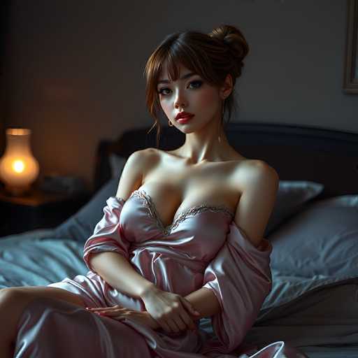 A young Asian woman, likely in her early 20s, is seated on a bed adorned with a dark brown headboard and grayish-blue sheets. She has long, dark brown hair styled in a bun with bangs framing her face. Her makeup is striking, featuring bold red lipstick and dark eye makeup. She is wearing a silky, light pink nightgown with a low-cut V-neck that reveals her cleavage. The nightgown has sleeves that drape off her shoulders, adding to its elegant, silky appearance. Her hands are clasped together in front of her, and her legs are crossed, with one leg slightly raised. The background is dimly lit, with a glowing lantern on a small table to her left, casting a warm light that enhances the intimate atmosphere of the scene.