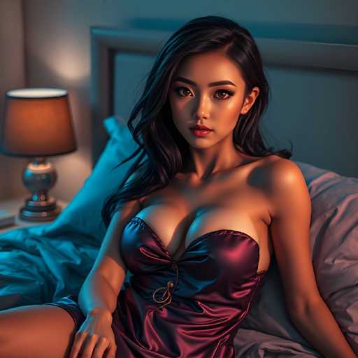 A woman with long, dark hair and striking makeup is sitting in bed. She's wearing a deep purple satin nightgown with a sweetheart neckline and gold detailing, looking directly at the viewer. The lighting is dim, creating a soft glow around her and highlighting her features. The background is blurred, focusing attention on the woman's face and body language.