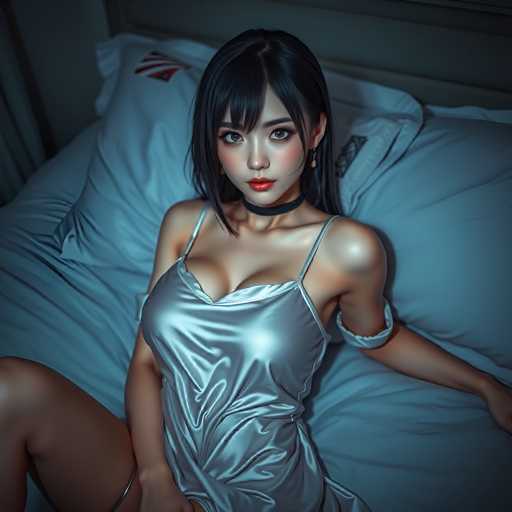 The image depicts a young woman, possibly of Asian descent, lying on a bed. She has long, straight black hair with bangs that partially cover her forehead. Her eyes are a striking brown, and she wears a black choker around her neck. She is dressed in a shiny silver nightgown with thin straps, and her left arm is adorned with a white ruffled sleeve. The bed she is lying on is covered with a blue sheet and matching blue pillows. The background features a gray wall, and the overall scene is dimly lit, creating a moody atmosphere. The woman's expression is neutral, and she gazes directly at the camera.