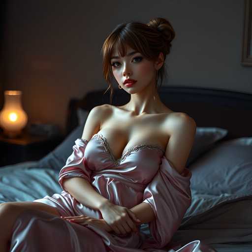 A woman is sitting on a bed with her legs crossed and wearing a pink dress that has a gold trim around the neckline. She has long brown hair styled in an updo and is looking directly at the camera. The room features a lamp next to the bed and a window, suggesting it's daytime outside.