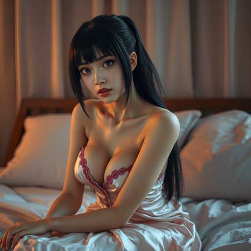 A highly detailed, AI-generated image depicts a young Asian woman with long black hair and bangs, sitting on a bed. She is wearing a white nightgown adorned with red lace trim. The woman's face is strikingly realistic, with large eyes, a small nose, and full lips. However, her hands are noticeably distorted, with one hand appearing to have only three fingers and the other resembling a claw. The bed she sits on has a brown headboard and is covered with white sheets and pillows. Behind her, white curtains are visible, adding to the bedroom's serene ambiance.