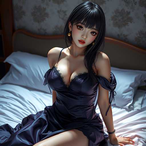 In this AI-generated image, a young Asian woman is depicted sitting on a bed. She has long black hair with bangs that partially cover her forehead, and her hair cascades down to her chest. Her facial features include large brown eyes, a small nose, and red lips. She is adorned with gold earrings that dangle from her ears. 

The woman is dressed in a purple dress that is low-cut, revealing a significant amount of cleavage. The dress features thin straps over her shoulders, and the fabric appears to be shiny. Her right arm is positioned behind her, while her left arm rests on the bed, with her hand placed on the bed's surface. 

The bed she sits on has a brown headboard with a wooden frame. The bedding consists of white sheets and two white pillows. The background wall is covered in gray wallpaper decorated with a floral pattern.