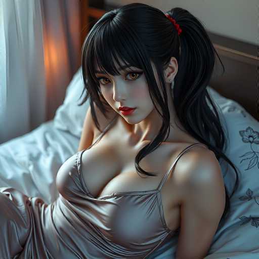 This image features a highly realistic, AI-generated depiction of a young Asian woman, possibly in her late teens or early twenties. She has long, dark hair styled in a ponytail with bangs, and her striking amber eyes are accentuated by heavy makeup, including red lipstick. She is dressed in a shiny, grayish-blue nightgown that reveals her cleavage, and she is lying on a bed adorned with white sheets and pillows. The bed has a brown headboard, and the background includes a white wall and a window with a white curtain. The scene is illuminated by a warm, orange light, adding to the overall realistic yet slightly surreal quality of the image.