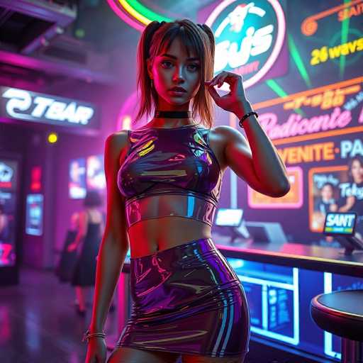 In this vibrant and futuristic nightclub scene, a young woman stands confidently in the foreground, exuding a striking presence. She is dressed in a form-fitting, metallic outfit that accentuates her athletic build. Her ensemble consists of a shiny, reflective top and a matching skirt, both made from a material that gleams under the club's neon lights. The outfit is designed with a cutout in the middle, revealing her toned midriff. Her hair is styled in two pigtails, with bangs framing her face, and she wears a black choker around her neck. Her left hand is raised near her face, adding a dynamic element to her pose.

The background is a kaleidoscope of neon lights and signs, creating an immersive and energetic atmosphere. A prominent sign reads "T-Bar," while another partially visible sign mentions "26 ways." The walls are adorned with various neon-colored text and graphics, including the word "Padicani" in pink and "Venite" in orange. The scene is further enhanced by the presence of a bar area with a stool, a computer screen, and a woman in a black dress standing behind it. The overall ambiance is one of pulsating neon hues, including purples, pinks, greens, and yellows, perfectly capturing the essence of a bustling, modern nightclub.