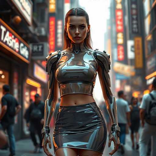 In this captivating image, a woman stands confidently in the middle of a bustling city street, surrounded by towering buildings adorned with vibrant neon signs. The signs, written in an Asian script, add an exotic flair to the urban landscape. The woman is dressed in a striking outfit that combines futuristic and edgy elements. She wears a sleek, metallic silver top that accentuates her figure, paired with a matching metallic skirt. Her long, dark hair cascades down her back, contrasting beautifully with her fair skin. The outfit is completed with metallic silver gloves that extend up to her biceps, giving her a robotic, almost cyborg-like appearance. Her expression is serious, and she gazes directly at the camera, exuding strength and determination. The background is slightly blurred, emphasizing the woman as the focal point of the image, while the neon-lit buildings and the crowd of people around her add to the dynamic and energetic atmosphere of the scene.