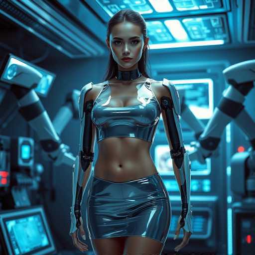 The image depicts a woman wearing a futuristic silver bodysuit with arms and legs extending outwards. She is standing in front of a large monitor screen that displays the words "Futuristic" and "Digital", suggesting an environment related to technology or space exploration. The background features a blue-tinted room, which could be a spaceship or a laboratory setting.