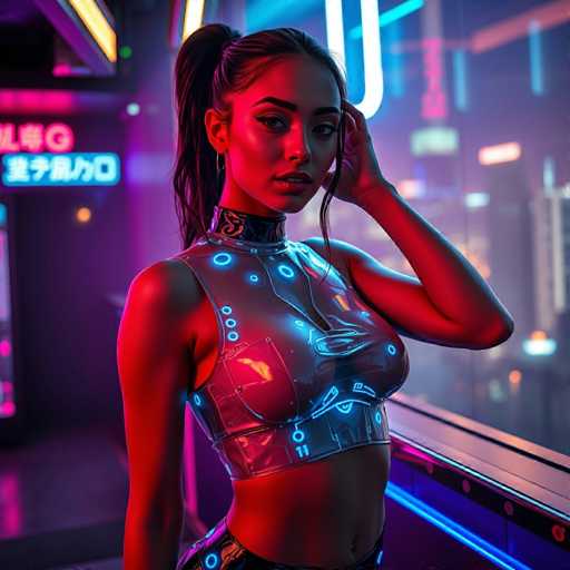 A young woman with long dark hair is standing in front of a window in a neon-lit room. She is wearing a futuristic silver bodysuit that has blue circles on it and a high neckline. The background features a cityscape at night, with buildings illuminated by bright lights against the dark sky.