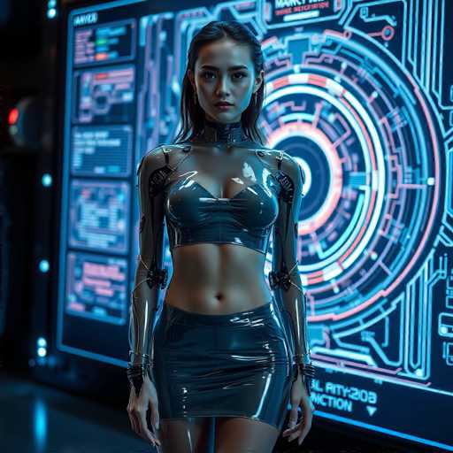 A woman stands confidently against a futuristic backdrop featuring a large screen displaying a complex circuit board and various symbols. She is wearing a black leather outfit that includes a skirt and bodysuit with a mesh top. The woman's pose suggests she is in control of the situation or perhaps presenting something related to technology, art, or design.