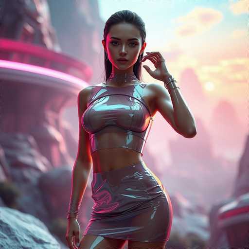 A highly detailed, computer-generated image depicts a young woman standing in a futuristic, mountainous landscape. She is dressed in a sleek, metallic outfit that accentuates her figure, featuring a shiny silver bra and a matching skirt. Her ensemble is accessorized with multiple bracelets on both wrists and a choker around her neck. The woman has long, dark hair and wears earrings, with her left hand raised to her ear. The background showcases a vibrant sky transitioning from blue to pink, with the sun setting behind distant mountains. To her left, a futuristic building with a circular design and a pink neon light adds to the sci-fi ambiance of the scene.