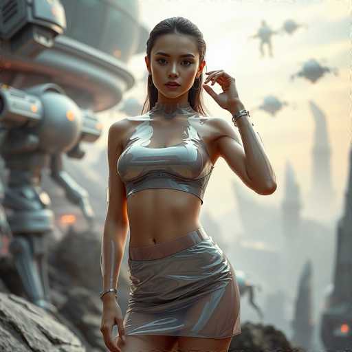 In this captivating image, a young woman stands confidently in a futuristic setting. She is dressed in a striking, metallic outfit that accentuates her figure. The ensemble features a silver bra-like top that leaves her midriff exposed, paired with a matching metallic skirt. Her long, dark hair cascades down her back, and she wears hoop earrings that add a touch of elegance to her look. 

Her left hand is raised near her face, while her right arm rests by her side. The background is a mesmerizing blend of sci-fi elements, with towering skyscrapers and spaceships hovering in the sky. To her left, a large, gray robot with a circular head and a long, cylindrical body stands prominently. The scene is set against a backdrop of rocky terrain, with the sky painted in hues of gray and blue, adding to the otherworldly atmosphere.