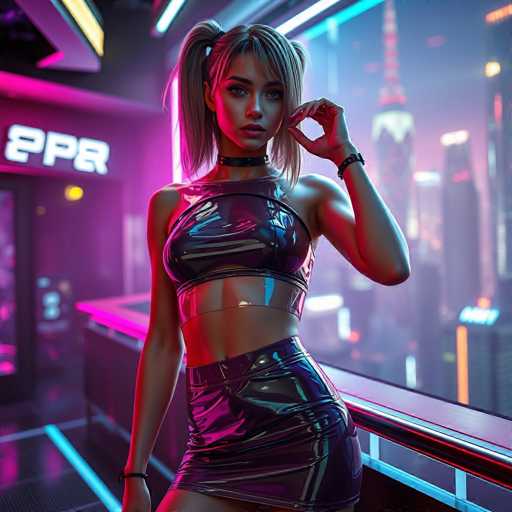A woman is standing on a balcony with her arms crossed and wearing a black leather outfit that includes a skirt and top. The background features neon lights and buildings, suggesting an urban setting.