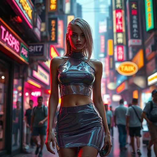 In this vibrant, AI-generated image, a young woman stands confidently in the foreground of a bustling city street, reminiscent of Tokyo's neon-lit atmosphere. She is dressed in a striking, metallic outfit that accentuates her figure. Her ensemble includes a sleeveless, silver top that reveals her midriff and a matching skirt that ends just above her knees. Her long, blonde hair cascades down, framing her face, which is adorned with bold red lipstick. Her eyes are a captivating shade of blue, adding to her striking appearance.

The background is a blur of urban life, with numerous people walking along the street, their features indistinct. The scene is alive with a multitude of neon signs and shopfronts, some displaying Asian characters, suggesting a setting in an Asian city. The signs are a kaleidoscope of colors—yellow, red, green, pink, and orange—casting a warm glow over the street. The woman stands out sharply against this dynamic backdrop, her metallic attire gleaming and drawing the viewer's attention. The overall composition captures the essence of a modern, neon-lit cityscape, with the woman as its captivating focal point.
