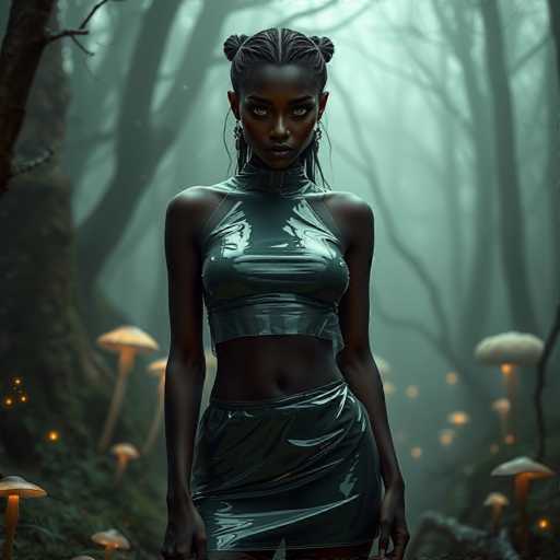 In this captivating image, a young African-American woman stands confidently in the midst of a dense forest. She is adorned in a striking, shiny silver outfit that accentuates her figure. Her ensemble includes a sleeveless top that reveals her midriff and a matching skirt that ends just above her knees. Her hair is styled in two small buns on either side of her head, with the rest cascading down her back. She gazes directly at the camera, exuding a sense of strength and mystery.

The forest around her is shrouded in a light fog, creating an ethereal atmosphere. Tall trees with sparse branches surround her, their silhouettes barely visible through the mist. The ground is carpeted with lush green grass, and a variety of mushrooms sprout from the earth, their caps glowing softly with a yellowish hue. The scene is further illuminated by small, scattered lights that resemble fireflies, adding a touch of enchantment to the setting. The overall composition is both serene and mystical, capturing a moment of quiet beauty in nature.