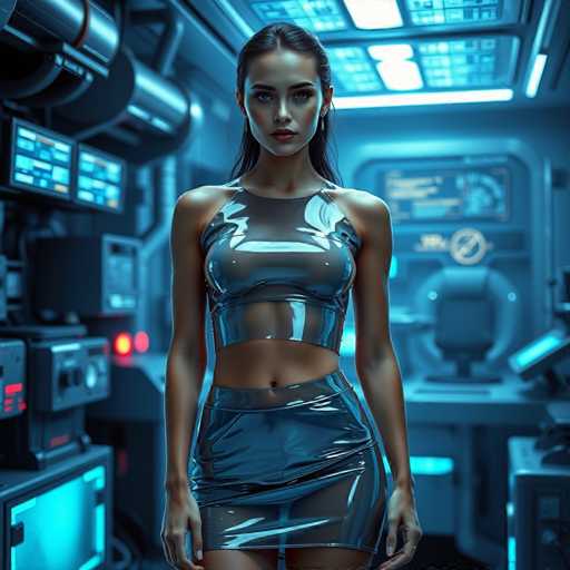 A highly detailed, computer-generated image depicts a young woman standing in what appears to be a spaceship or futuristic control room. The scene is bathed in a blue hue, with various screens and panels displaying intricate data and controls. The woman, who has long dark hair and dark eyes, is dressed in a form-fitting, shiny outfit that resembles a plastic or leather material. Her attire includes a sleeveless top that reveals her midriff and a matching skirt that extends to her upper thighs. She stands with her arms at her sides, looking directly at the camera. The background features an array of glowing screens, dials, and buttons, enhancing the high-tech atmosphere of the setting.