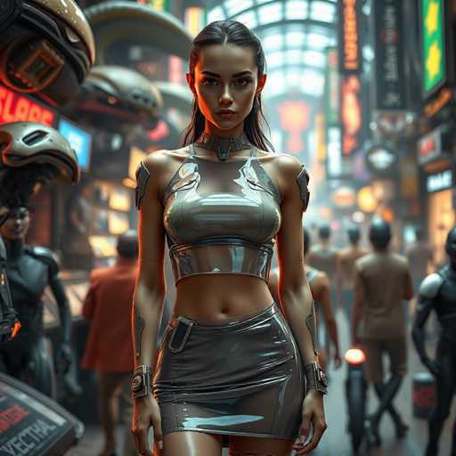 The image depicts a futuristic cityscape with neon signs and buildings that appear to be made of glass or metal. In the foreground, there is a woman wearing a silver skirt and top, standing in front of a building with a large window. The background shows several people walking on the street, some carrying backpacks.