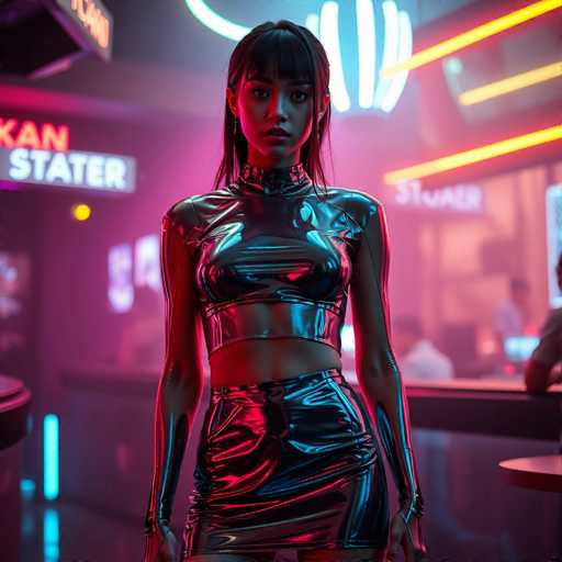 In this captivating image, a young woman stands confidently in the foreground of a bustling bar. She is dressed in a striking, form-fitting outfit that accentuates her figure. The ensemble features a shiny, black leather-like material that gleams under the bar's vibrant lighting. Her top is a sleeveless crop top that reveals her midriff, while her skirt is a short, matching piece that ends just above her thighs. The outfit is completed with long gloves that extend from her wrists to her elbows, adding an extra layer of intrigue to her look.

The woman has long, dark hair with bangs that frame her face, and she gazes directly at the camera with a composed expression. Behind her, the bar is alive with activity. A counter stretches across the background, with several patrons seated and enjoying their drinks. The bar's decor is illuminated by an array of neon lights, casting a colorful glow over the scene. On the left side of the image, a sign with partially visible letters "K-A-N" and "S-T-A-T-E-R" adds a touch of mystery to the setting. The overall ambiance is one of lively social interaction and stylish sophistication.