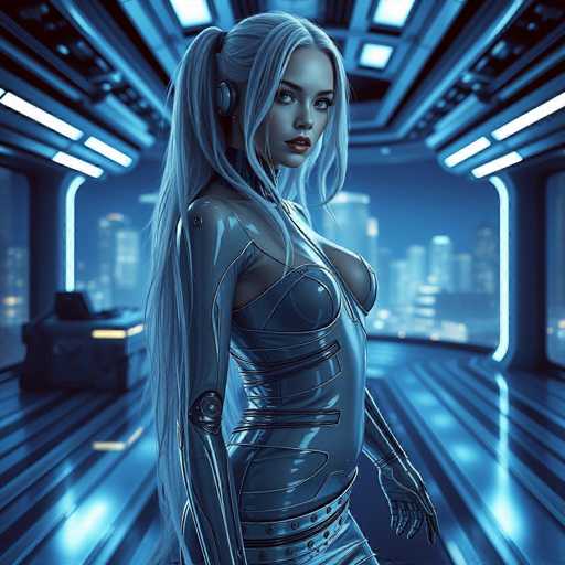 This image depicts a futuristic, possibly AI-generated scene featuring a young woman with long, flowing white hair styled in a ponytail. She is adorned in a sleek, form-fitting outfit that appears to be made of a metallic or plastic material, accentuating her curves. The outfit includes a bra-like top and gloves, with visible joints at her elbows, suggesting she might be a cyborg or robot. Her lips are painted a striking red, and she gazes directly at the viewer.

The setting is a high-tech, futuristic room with a metallic floor and ceiling, illuminated by blue lights. The background reveals a cityscape with tall buildings, indicating she is in a high-rise structure. To her left, there is a desk with a computer, adding to the high-tech ambiance. The overall color palette of the image is dominated by shades of blue, white, and black, enhancing the sci-fi atmosphere.