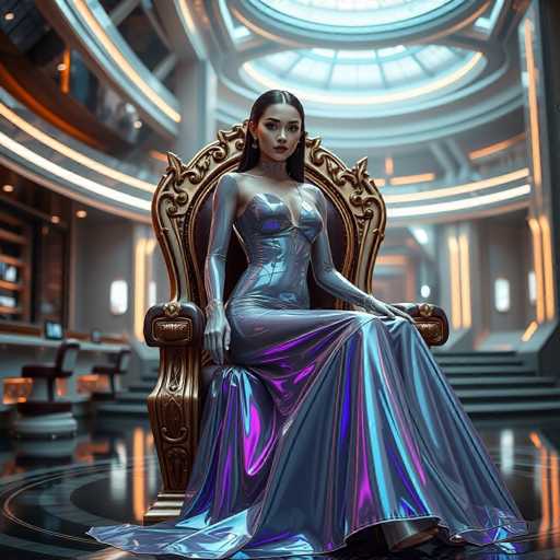 In this captivating image, a woman is seated on an ornate, golden throne that exudes a regal and majestic aura. She is adorned in a stunning, metallic dress that shimmers with hues of blue, purple, and pink, creating a mesmerizing interplay of colors. The dress is form-fitting, accentuating her elegant figure, and features a flowing skirt that cascades to the floor. Her long, black hair is parted in the middle and elegantly draped behind her, complementing her striking appearance. She wears a delicate necklace that adds a touch of sophistication to her ensemble.

The woman's expression is one of serene confidence, with her gaze directed straight ahead, exuding a sense of calm and poise. Her hands rest gently on the armrests of the throne, further enhancing her regal demeanor.

The setting around her is equally grand, with a circular, multi-level structure that resembles a sophisticated building. The architecture features numerous windows and is illuminated by warm, golden lights that enhance the opulent atmosphere. The floor beneath her is a sleek black, adorned with a circular design that adds to the room's elegance. In the background, a staircase is visible, leading to another level of this impressive space, hinting at the building's vastness and grandeur.