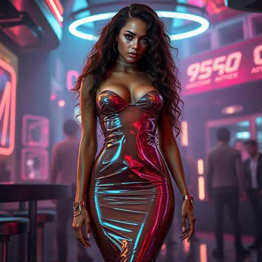 In this captivating image, a woman stands confidently in the foreground, her long, wavy brown hair cascading down to her chest. She is adorned in a striking, form-fitting dress that accentuates her figure, with a unique design that leaves her arms and shoulders bare. The dress features a bustier-style top that cups her breasts, while the rest of the garment clings closely to her legs, creating a sleek silhouette. The material of the dress shimmers with a metallic finish, reflecting hues of blue, pink, and yellow that add a touch of glamour to her ensemble. She accessorizes with a choker around her neck and bracelets on both wrists, completing her stylish look. Behind her, a circular light casts a soft glow, adding an ethereal ambiance to the scene. The background is slightly blurred, revealing the silhouettes of several men and a table, suggesting a lively setting, possibly a bar or a restaurant. The overall composition draws attention to the woman, making her the undeniable focal point of the image.
