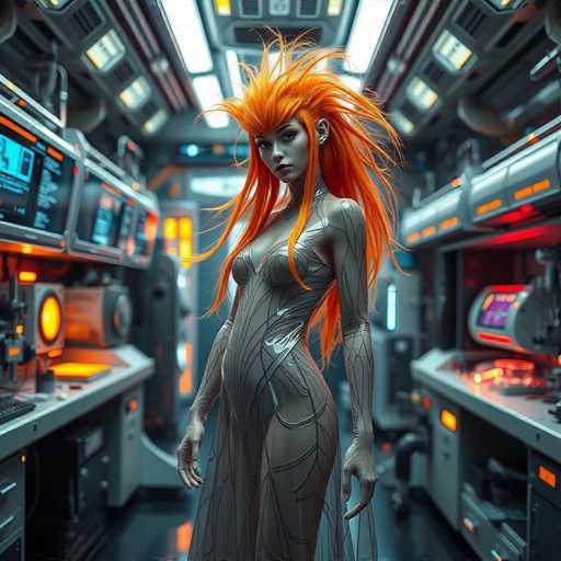 The image depicts a highly detailed, computer-generated scene of a futuristic spaceship interior. The setting is characterized by sleek, metallic surfaces and advanced technology, with numerous computer screens and control panels lining both sides of a narrow aisle. The ceiling is adorned with fluorescent lighting, enhancing the high-tech ambiance.

At the center of the image stands a striking female figure, who appears to be a cyborg or android. She has long, vibrant orange hair that cascades down to her waist, with some strands standing upright, adding to her dynamic appearance. Her skin is a pale gray, and she has a distinctly feminine face with full lips and expressive eyes. She is dressed in a form-fitting, gray bodysuit that accentuates her curves and features intricate black lines resembling veins or circuitry. The bodysuit extends to her wrists, where her hands emerge, also gray and detailed with similar black lines.

The cyborg's posture is confident and poised, with her body angled slightly to the left while she gazes directly at the viewer. The combination of her futuristic attire, the spaceship's advanced technology, and the overall aesthetic creates a captivating and immersive sci-fi atmosphere.
