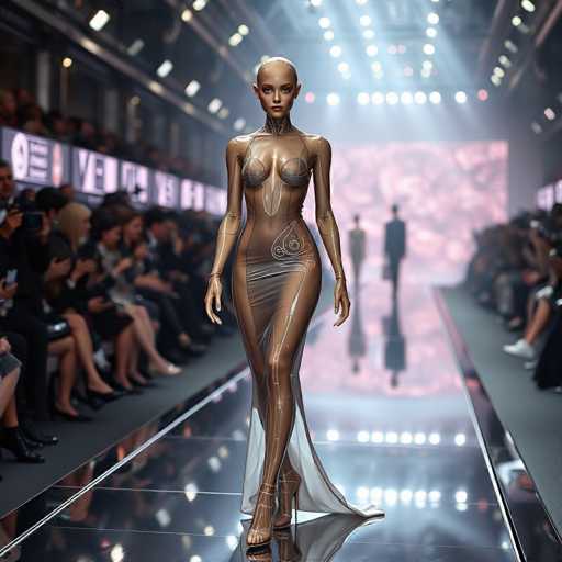 A stunning photograph captures a futuristic fashion show, featuring a strikingly beautiful bald model striding confidently down a sleek, black runway. She is adorned in a form-fitting, sheer bodysuit that accentuates her curves, paired with high heels. The bodysuit is intricately designed with metallic swirls and patterns, particularly around the chest area, adding a touch of avant-garde flair. A sheer skirt with a dramatic train flows behind her, enhancing the ethereal quality of her ensemble. The model's face is serene and composed, embodying the elegance of the high-fashion event. In the background, two other models are visible, though they appear blurred and indistinct, adding depth to the scene. The audience flanks both sides of the runway, their attention captivated by the spectacle. The overall ambiance is one of cutting-edge style and sophistication, perfectly encapsulating the essence of a futuristic fashion show.