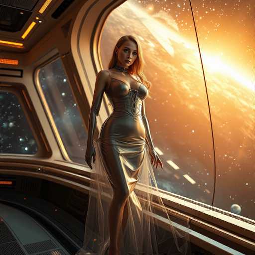 A woman stands on a balcony inside a spaceship, wearing a silver dress and holding onto the railing with her left hand while gazing out at the stars through the window.