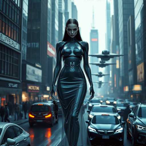 A woman dressed in a black leather outfit stands on a busy city street surrounded by cars and buildings with large windows reflecting the gray sky above.