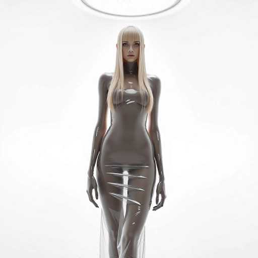 The image features a striking, computer-generated female character set against a stark white background. She has long, straight blonde hair with bangs that frame her face, and her blue eyes are accentuated by a serious, almost stern expression. Her skin is a pale white, and she wears a sleek, gray bodysuit that appears to be made of a shiny, plastic-like material. The bodysuit is form-fitting, highlighting her curves, and extends to cover her hands, which are positioned at her sides. Notably, the bodysuit has several slits and openings, particularly around the stomach area, revealing a white interior. Above her head, there is a thin, gray oval shape, adding to the futuristic and somewhat otherworldly aesthetic of the image.
