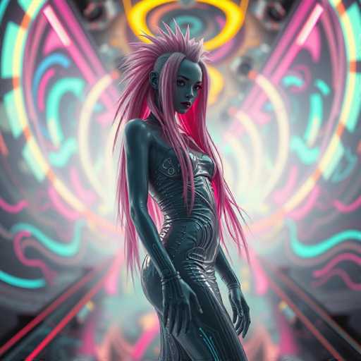 The image depicts a woman with long pink hair and a futuristic outfit standing against a neon-lit background. The woman is positioned centrally within the frame, facing towards the right side of the image. Her hair is styled in an unconventional manner, resembling a bird's nest or a fishnet design. She wears a metallic jumpsuit that glows under the neon lights, creating a striking contrast with her pink hair and the surrounding environment. The background features a blend of neon colors and abstract shapes, adding to the futuristic aesthetic of the image.