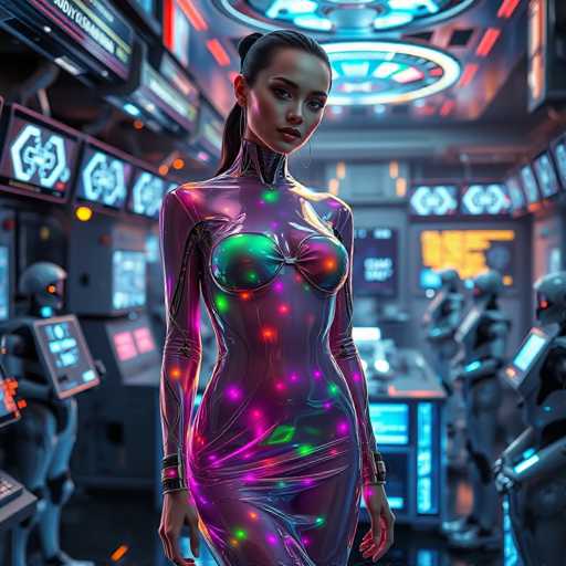 In this highly detailed, computer-generated image, a young woman stands confidently in the center of a futuristic, high-tech room. She is adorned in a form-fitting, metallic dress that shimmers with a mix of purple, pink, and green hues, accentuated by multicolored lights that resemble Christmas lights. Her long black hair is pulled back into a ponytail, and she wears large hoop earrings. The background is filled with advanced technology, including numerous screens, monitors, and robots, all contributing to the high-tech ambiance. The room is illuminated by a circular light fixture overhead, casting a soft glow over the scene. The woman gazes directly at the viewer, exuding a sense of strength and poise.