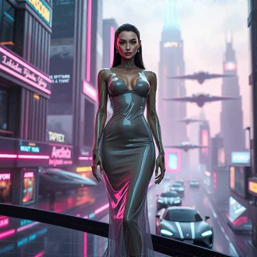 A woman stands on a balcony overlooking a busy city street below her. She is wearing a long, shiny dress that reflects the neon lights of the buildings around her. The cityscape behind her features tall buildings with reflective windows and billboards in various colors, including pink and blue. Cars are driving along the streets, adding to the bustling atmosphere.
