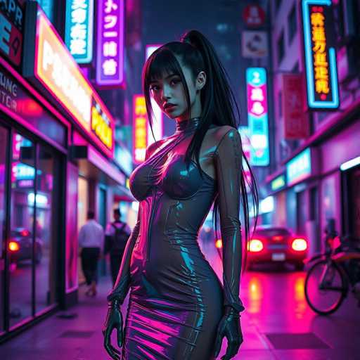 A woman stands on a city street at night, wearing a black leather outfit and holding a microphone. The background is filled with neon signs and buildings, creating an urban atmosphere.
