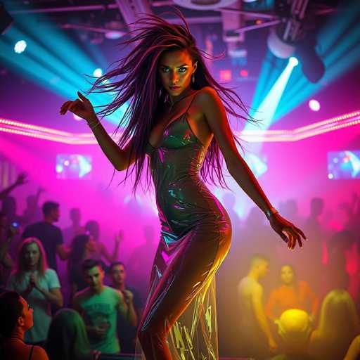 The image depicts a vibrant nightclub scene with a central focus on a woman who appears to be a model. She stands confidently in the middle of the frame, wearing a tight, metallic dress that shimmers in shades of green, pink, and purple. Her long, dark hair, which has hints of purple, flows dramatically as if caught in a gust of wind. She gazes directly at the camera with a serious expression, her arms outstretched to her sides. The background is filled with the blurred figures of other partygoers, all bathed in a pinkish-purple glow from the club's lighting. The ceiling is adorned with blue lights, adding to the overall colorful and lively atmosphere. The image has a slightly surreal quality, suggesting it might be AI-generated, with the woman appearing more realistic than the rest of the scene.